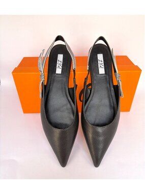Zigi Compete Black Leather Slingback Flats Pointed Toe Bow Detail Size 9